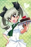  anchovy cake chef_uniform drill_hair food girls_und_panzer green_hair hair_ribbon highres italian long_hair official_art red_eyes ribbon sleeves_rolled_up solo translated twin_drills twintails 