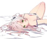  bare_legs bare_shoulders blush breasts downblouse green_eyes hair_ornament highres kantai_collection kinugasa_(kantai_collection) knees_up legs long_hair looking_at_viewer lying medium_breasts off_shoulder on_back panties pink_hair pout simple_background solo strap_gap strap_slip tebi_(tbd11) thighs underwear upside-down white_background 