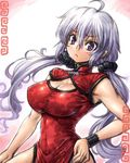  ahoge alternate_costume amania_orz armpits blush breasts china_dress chinese_clothes cleavage cleavage_cutout covered_navel dress hand_on_hip large_breasts looking_at_viewer pelvic_curtain purple_eyes scrunchie senki_zesshou_symphogear side_slit silver_hair simple_background sketch solo standing taut_clothes twintails upper_body white_background wristband yukine_chris 