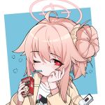  1girl absurdres ahoge animal_print blue_archive blue_background blush border brand_name_imitation cat_print collarbone commentary commentary_typo doodle_sensei_(blue_archive) drink drink_carton drinking drinking_straw drinking_straw_in_mouth english_commentary hair_between_eyes hair_bun hair_flaps hair_ornament hair_scrunchie halo hand_on_own_cheek hand_on_own_face highres holding holding_drink holding_milk_carton jacket long_sleeves looking_to_the_side medium_hair milk_carton natsu_(band)_(blue_archive) natsu_(blue_archive) official_alternate_costume official_alternate_hairstyle one_eye_closed open_clothes open_jacket outside_border pink_hair pink_halo pinko_(oknip) print_shirt red_eyes scrunchie sensei_(blue_archive) shirt sidelocks simple_background solo t-shirt upper_body white_border white_shirt yellow_jacket yellow_scrunchie 