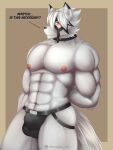  anthro bulge canid canine canis clothing hi_res jockstrap male mammal mihoyo mondlight muscular muscular_male nude simple_background solo straps text underwear von_lycaon wolf zenless_zone_zero 
