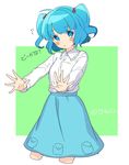  :o alternate_costume bad_id bad_twitter_id blue_eyes blue_hair blush blush_stickers collar collared_shirt cropped_legs dress_shirt flying_sweatdrops frilled_shirt_collar frills hair_bobbles hair_ornament kawashiro_nitori long_sleeves looking_at_viewer no_hat no_headwear open_mouth outstretched_arms palms pocket shirt short_hair skirt solo tori_(otori) touhou translated twintails twitter_username two_side_up white_shirt 
