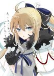  1girl aesc_(fate) aesc_(savior)_(fate) ahoge black_gloves blonde_hair blue_eyes blush bow fate/grand_order fate_(series) fur_trim gloves hair_between_eyes hair_bow highres kauderni01356 long_hair looking_at_viewer ponytail ribbon simple_background solo spikes white_background 