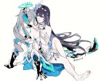  2girls armor armored_dress bare_shoulders barefoot blue_dress blue_eyes blue_hair blue_halo breasts bronya_zaychik bronya_zaychik_(herrscher_of_truth) colored_inner_hair dress drill_hair feet flower gauntlets grey_hair hair_flower hair_ornament halo hand_on_another's_shoulder hashtag-only_commentary highres honkai_(series) honkai_impact_3rd long_hair multicolored_hair multiple_girls oldsprout1108 seele_vollerei seele_vollerei_(herrscher_of_rebirth) simple_background small_breasts soles toes twin_drills twitter_username two-tone_hair very_long_hair white_background white_dress yuri 