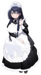  1girl absurdres apron black_dress blue_eyes blue_hair braid breasts brown_shoes commentary_request dress full_body hair_intakes hat highres hololive hololive_english large_breasts long_hair long_sleeves looking_at_viewer maid_apron mob_cap official_alternate_costume official_alternate_hairstyle ouro_kronii ouro_kronii_(maid) playing_with_own_hair shoes simple_background solo taro_(303_taroo) twin_braids virtual_youtuber white_apron white_background 