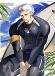  beach beard blue_eyes closed_mouth facial_hair highres igor_(reverse:1999) looking_at_viewer male_focus mature_male muscular muscular_male old old_man reverse:1999 snowsalmon0x0 solo surfboard swimsuit white_hair 