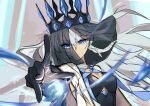  1girl black_dress black_gloves blue_eyes crown dress fate/grand_order fate_(series) gloves hair_between_eyes highres illustresearch long_hair looking_at_viewer morgan_le_fay_(fate) morgan_le_fay_(queen_of_winter)_(fate) ponytail simple_background solo spikes veil very_long_hair white_hair 