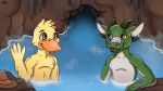 16:9 2025 4_fingers 4_horns anatid anseriform anthro arm_markings avian beak bent_arm bird black_eyebrows brown_clothing brown_eyes brown_hat brown_headwear brown_tongue cheek_tuft clothing colored digital_drawing_(artwork) digital_media_(artwork) duck duck-kun duo english_description eyebrows facial_tuft feather_hands feathers featureless_chest fingers green_body green_eyebrows green_markings green_skin hat headgear headwear hi_res horn hot_spring inside kobold light lighting male male_anthro markings multi_horn multicolored_body multicolored_skin open_mouth open_smile orange_beak partially_submerged scalie shaded signature smile smiling_at_another smiling_at_each_other stalactite steam tongue tuft vulzas_harnip water white_body white_inner_ear white_skin widescreen willow-and-twix yellow_body yellow_feathers