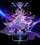  1girl absurdres bare_shoulders blue_hair breasts commentary cyrene_(demiurge)_(honkai:_star_rail) cyrene_(honkai:_star_rail) dress english_commentary flower full_body gradient_hair hair_flower hair_intakes hair_ornament halo halo_behind_head hand_up highres honkai:_star_rail honkai_(series) jewelry large_breasts long_hair looking_at_viewer mooooong1008 multicolored_hair parted_lips pink_eyes pink_hair purple_flower purple_rose ring rose smile solo very_long_hair white_dress 