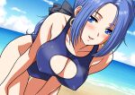  1girl beach blue_eyes blue_hair blue_one-piece_swimsuit breasts circle_cutout cleavage_cutout clothing_cutout competition_swimsuit cowboy_shot dragon_quest dragon_quest_iii earrings highres horizon jewelry large_breasts leaning_forward long_hair low_ponytail ocean one-piece_swimsuit ponytail ruida solo swimsuit thigh_gap yuuyuu_(3jjbn) 