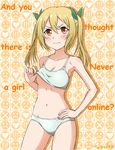  3: areolae ass_visible_through_thighs blush bra breasts closed_mouth copyright_name cowboy_shot english green_ribbon groin hair_between_eyes hair_ribbon hand_on_hip head_tilt heart highres long_hair navel netoge_no_yome_wa_onna_no_ko_janai_to_omotta? nouryou_warutsu panties ribbon segawa_akane signature silhouette small_breasts smiley_face solo twintails underwear underwear_only v-shaped_eyebrows white_bra white_panties 