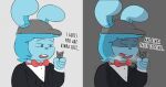 ambiguous_gender anthro black_tie_(suit) blue_body blue_fur blue_hair blush bodily_fluids bow_tie breath buckteeth clothing drooling duo english_text extreme_size_difference eyebrows fur furgonomic_hat furgonomic_headwear furgonomics grey_background grey_clothing grey_eyes grey_hat grey_headwear hair hat headgear headwear holding_micro lagomorph leporid long_ears macro_anthro macro_male male mammal micro_ambiguous micro_anthro narrowed_eyes open_mouth rabbit raised_eyebrows red_bow_tie saliva simple_background size_difference suit swankybones talking_to_another teasing teeth text vore_tease ych_(character)