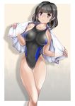  bare_shoulders black_eyes black_hair blush breasts collarbone competition_swimsuit highleg highleg_swimsuit highres large_breasts looking_at_viewer mashinatsu one-piece_swimsuit original short_hair simple_background solo standing swimsuit thigh_gap towel 