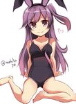  alternate_costume alternate_headwear animal_ears bare_shoulders barefoot bunny_ears bunny_girl bunnysuit commentary_request eyebrows eyebrows_visible_through_hair fake_animal_ears hagikaze_(kantai_collection) kantai_collection long_hair one_side_up purple_eyes purple_hair simple_background sitting solo thighhighs twitter_username wahiko_(black_bastard) white_background 