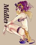  bikini_top character_name derivative_work forehead_jewel from_side full_body headdress highres jojo_no_kimyou_na_bouken long_hair looking_at_viewer midler pelvic_curtain purple_eyes purple_hair saichuu_(more1208) sandals solo squatting star stardust_crusaders veil wrist_cuffs 