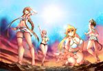  4girls bikini blonde_hair breasts brown_eyes brown_hair cat_girl cleavage giantess green_eyes kneeling large_breasts long_hair looking_at_viewer multiple_girls open_mouth pointy_ears red_eyes red_hair short_hair smile standing 