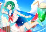  apple aqua_eyes bad_id bad_pixiv_id braid food fruit glasses green_hair gumi highres ice_cream satou_chisaki short_braid short_hair solo vocaloid watermelon 