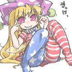  american_flag american_flag_dress american_flag_legwear blonde_hair clownpiece collar fairy fairy_wings frilled_shirt_collar frills hat jester_cap kureha_mitsushige long_hair neck_ruff pantyhose polka_dot red_eyes short_sleeves smile solo striped striped_legwear touhou wings 