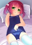  bed blush cameltoe green_eyes hair_bobbles hair_ornament hanamiya_natsuka highres long_hair looking_at_viewer lying on_back open_mouth original pillow red_hair school_swimsuit solo swimsuit swimsuit_pull thighhighs twintails white_legwear 