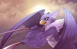  avian beak blue_eyes feathers feral gryphon male purple_feathers rudragon weapon wings 