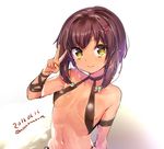  absurdres armlet bare_shoulders bikini blush breasts brown_eyes brown_hair commentary dated hair_ornament hairclip highres konbu_wakame looking_at_viewer navel original short_hair short_hair_with_long_locks skirt slingshot_swimsuit small_breasts smile solo swimsuit twitter_username v 