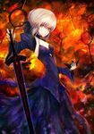  artoria_pendragon_(all) breasts cleavage dark_excalibur detached_sleeves dress fate/grand_order fate/stay_night fate_(series) fire highres kaze_minoru_so-ru mask mask_removed saber_alter small_breasts solo yellow_eyes 