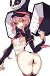  ass breasts chuzenji hat holster jakuzure_nonon kill_la_kill looking_at_viewer open_mouth pink_eyes pink_hair shako_cap shoulder_holster simple_background skull_print small_breasts smile solo symphony_regalia twisted_torso underboob white_background 