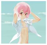  armpit_peek arms_up bad_id bad_pixiv_id bikini blush braid crossdressing leona_west looking_at_viewer male_focus mole mole_under_eye navel open_clothes open_shirt otoko_no_ko pink_eyes pink_hair pretty_(series) pripara rr_(suisse200) shirt short_hair smile solo swimsuit 