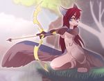  anthro arrow bow_(weapon) breasts canine female hair mammal nude ranged_weapon red_hair rudragon solo tree weapon wolf yellow_eyes 