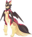  anthro black_fur canine dog female fur mammal red_eyes rudragon simple_background wings yellow_fur 
