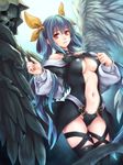  asymmetrical_wings blue_hair breasts cleavage dizzy guilty_gear highres long_hair looking_at_viewer medium_breasts red_eyes ribbon solo tail tail_ribbon toshi underboob wings 