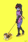  :| animal animalization bodysuit bomber_jacket brown_hair center_opening closed_mouth clothed_animal dog dog_walking gloves goggles head_mounted_display headgear high_heels ilhi jacket leash long_hair overwatch pink_bodysuit ponytail purple_hair purple_skin short_hair signature simple_background spiked_hair tracer_(overwatch) widowmaker_(overwatch) yellow_background 