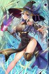  bare_shoulders blue_eyes boots breasts collarbone covered_navel dress gloves hat highres holding holding_weapon kisina large_breasts long_hair looking_at_viewer outstretched_arms seven_knights silver_hair single_glove smile solo staff thigh_boots thighhighs velika_(seven_knights) weapon wings witch_hat 
