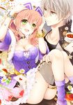  1girl :d amiko_(frostedchocolate) apple apple_slice atelier_(series) atelier_escha_&amp;_logy bare_legs bracelet braid breasts carrying choker cleavage couple cowboy_shot cup escha_malier fingerless_gloves food fork fruit gloves green_eyes grey_gloves grey_hair hat hetero jewelry logix_ficsario looking_at_another medium_breasts messy_hair open_mouth pink_hair princess_carry purple_skirt short_hair skirt smile tea teacup thighlet twintails yellow_eyes 