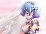  blue_hair breasts cleavage commentary_request detached_sleeves feathers from_side hachachi hair_ornament hairpin looking_down maid maid_headdress medium_breasts profile re:zero_kara_hajimeru_isekai_seikatsu rem_(re:zero) short_hair smile solo tearing_up 