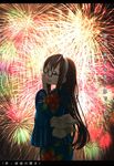  bangs black_hair blue_eyes commentary fireworks from_behind glasses hairband hand_on_own_cheek japanese_clothes kantai_collection kimono kitsuneno_denpachi long_hair long_sleeves looking_at_viewer looking_back obi ooyodo_(kantai_collection) open_mouth sash smile solo translated wide_sleeves 