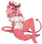  big_breasts breasts clothing colored_sclera female hair horn humanoid navel pink_hair pointed_tail pointy_ears purple_eyes simple_background slugbox solo succubus underwear white_background 