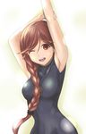  ;d armpits arms_up bodysuit braid breasts brown_hair hai_to_gensou_no_grimgar highres long_hair looking_at_viewer medium_breasts one_eye_closed open_mouth red_eyes ryuusama sleeveless smile solo teeth yume_(grimgar) 