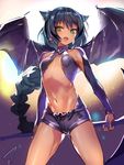  absurdres animal_ears backlighting black_hair blush braid breasts commentary_request dark_skin earrings fangs green_eyes highres jewelry konbu_wakame long_hair looking_at_viewer looking_away navel open_mouth original scythe shorts small_breasts smile solo sparkle standing very_long_hair wings 