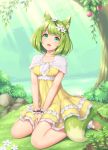  1girl :d animal_ear_fluff animal_ears bangs bare_legs blush bob_cut breasts brown_footwear capelet collarbone commentary_request day dress flower food fox_ears fox_tail fruit green_eyes green_hair head_tilt head_wreath highres light_rays looking_at_viewer medium_breasts open_mouth original outdoors plant sasaame shoes short_hair sitting smile solo sunbeam sunlight tail tree v_arms wariza white_capelet white_flower wrist_cuffs yellow_dress 