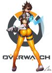  absurdres ass back bodysuit bomber_jacket brown_eyes brown_hair from_behind gloves goggles gonster gun handgun highres jacket looking_at_viewer looking_back md5_mismatch orange_bodysuit overwatch short_hair smile solo spiked_hair thighs tracer_(overwatch) weapon 