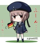  brown_eyes chibi clothes_writing dress empty_eyes german_flag guriin hat kantai_collection mini_flag sailor_dress sailor_hat short_hair solo translation_request twitter_username waving_flag z3_max_schultz_(kantai_collection) 