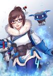  beads black-framed_eyewear brown_eyes brown_hair coat cowboy_shot frost fur_coat fur_trim glasses gloves hair_bun hair_ornament hair_stick looking_at_viewer mei_(overwatch) open_mouth overwatch sayama_(chiwan0830) short_hair smile solo 