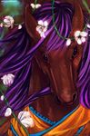  2011 ambiguous_gender brown_fur cicero ears_back equine feral flower front_view fur headshot_portrait horse looking_at_viewer mammal mane painting_(artwork) plant portrait purple_eyes solo traditional_media_(artwork) 