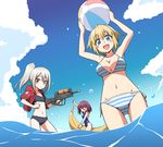  banana bikini blonde_hair blue_eyes blush breasts elena_trafalgar food fruit highres ikune_juugo large_breasts long_hair looking_at_viewer multiple_girls ocean open_mouth original red_eyes short_hair side-tie_bikini small_breasts smile striped striped_bikini swimsuit wading water water_gun 