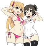  2girls :d akagi_miria armpits asanagi bare_shoulders bikini black_hair black_legwear blonde_hair blush breasts brown_eyes covered_navel fang fingernails front-tie_top green_eyes hair_ornament idolmaster idolmaster_cinderella_girls jougasaki_rika long_hair looking_at_viewer lowleg midriff multiple_girls nail name_tag navel old_school_swimsuit one-piece_swimsuit open_mouth panties pettanko short_hair side-tie_bikini small_breasts smile sukumizu swimsuit thighhighs tied_hair twintails two_side_up underwear v white_legwear white_sukumizu white_swimsuit 