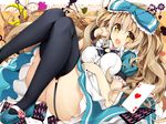  :d ace alice_(wonderland) alice_in_wonderland apron argyle argyle_background bad_id bad_pixiv_id black_legwear blonde_hair bow breasts bunny buttons card club_(shape) crescent dress eyebrows eyebrows_visible_through_hair flower frilled_dress frills hair_bow hand_on_own_cheek hand_on_own_stomach heart highres large_breasts long_hair mary_janes minari_(minari37) open_mouth playing_card puffy_short_sleeves puffy_sleeves shoes short_sleeves signature smile solo spade_(shape) thighhighs wavy_hair wristband yellow_eyes 