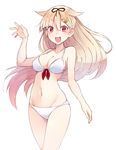  aliasing alternate_costume bare_shoulders bikini blonde_hair breasts cleavage commentary_request hair_flaps hair_ornament hairclip highres kantai_collection long_hair looking_at_viewer matsunoki_(unknown_751) medium_breasts navel red_eyes remodel_(kantai_collection) simple_background solo swimsuit white_background white_bikini yuudachi_(kantai_collection) 