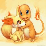  2013 ambiguous_gender blue_eyes blush canid canine charmander duo eldrige fennekin feral fire flaming_tail fur happy hug lizard looking_at_viewer mammal nintendo orange_eyes orange_skin orange_theme pok&eacute;mon pok&eacute;mon_(species) reptile scalie shy smile video_games warm_colors white_fur yellow_fur 