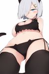  animal_ears ass_visible_through_thighs bad_proportions bare_arms bare_shoulders black_bra black_legwear black_panties blue_eyes blush bra breasts cat_cutout cat_ears cat_lingerie cat_tail cleavage cleavage_cutout closed_mouth cole from_below hair_ornament hair_over_one_eye hairclip hamakaze_(kantai_collection) kantai_collection kemonomimi_mode large_breasts looking_at_viewer looking_down meme_attire navel panties shiny shiny_skin short_hair side-tie_panties silver_hair simple_background smile solo standing stomach tail thighhighs underwear underwear_only white_background 